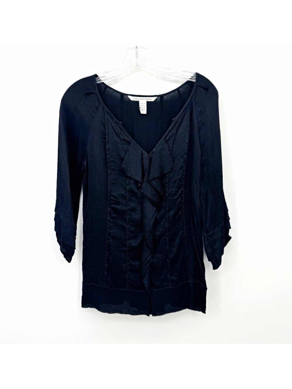 Diane von Furstenberg Black 100% Silk Chiffon Ruffle V-Neck Sheer Blouse Size 2